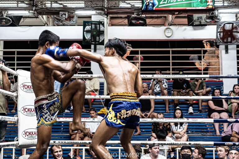 Two men boxing in a ring with spectators watching.