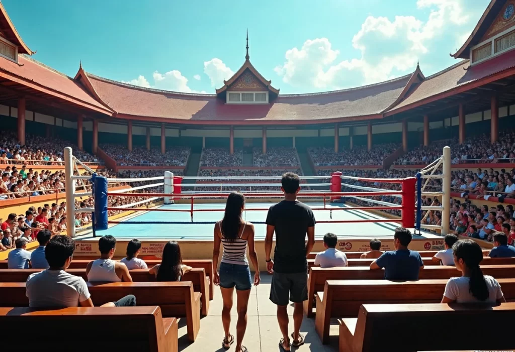 A couple poses together in front of a muay thai boxing ring, showcasing their shared interest in the sport.