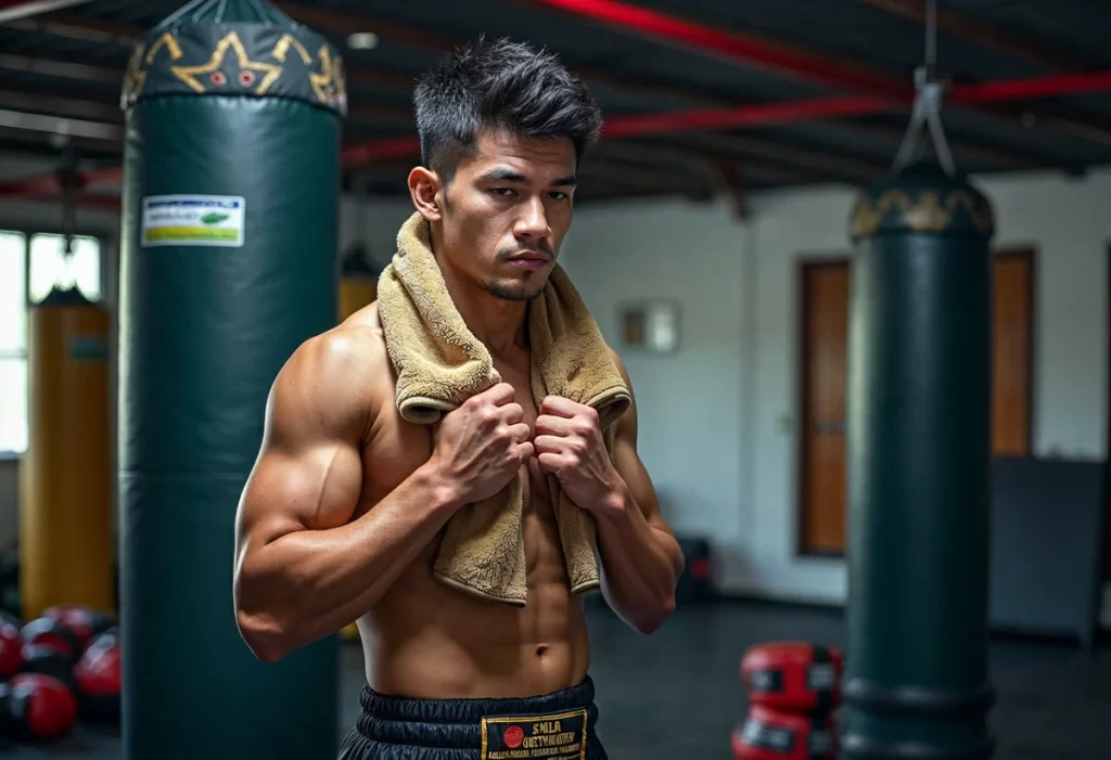 A Muay Thai fighter stands in a boxing gym, towel draped over his shoulder, showcasing determination and readiness for training.