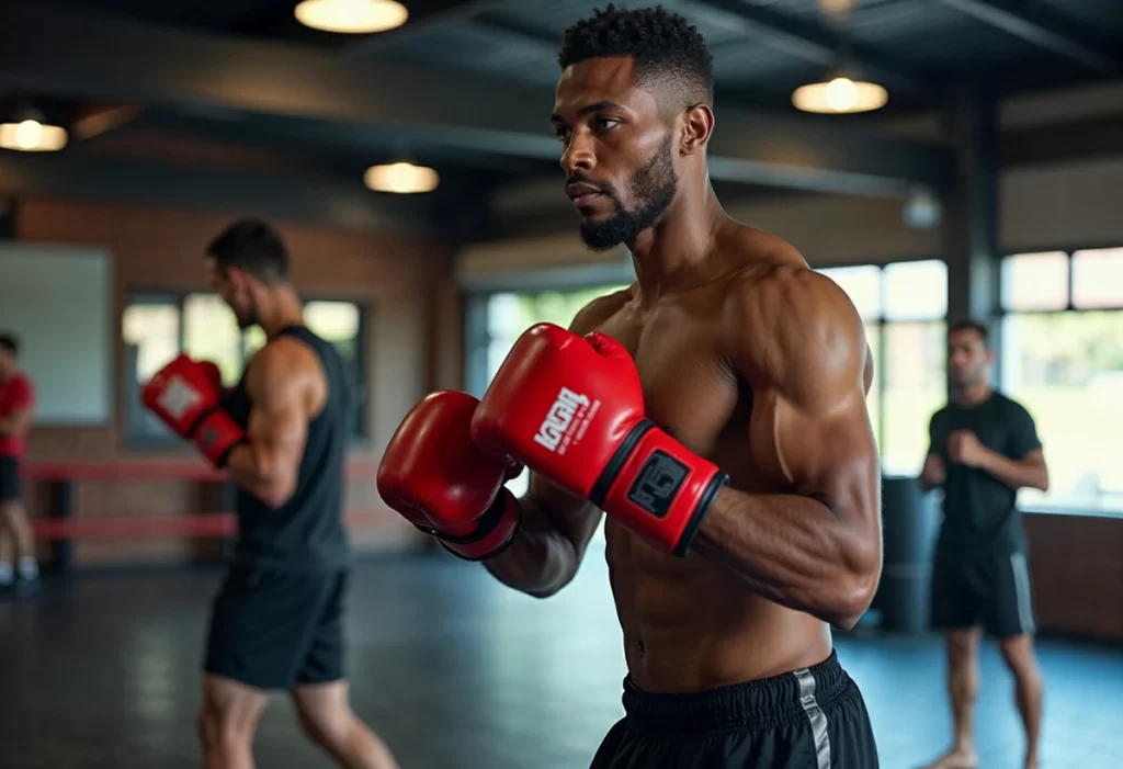 A muay thai fighter practices in a gym, wearing red gloves while training in a boxing gym.