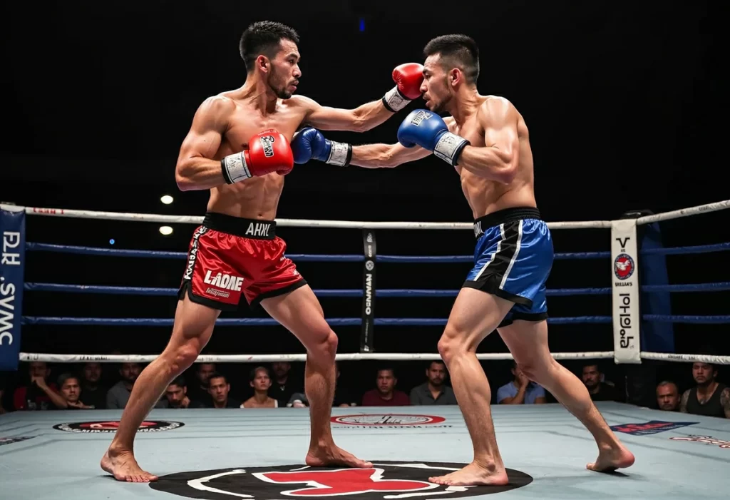 Two Muay Thai boxers engage in a fierce match inside the ring, showcasing their skills and determination during the fight.