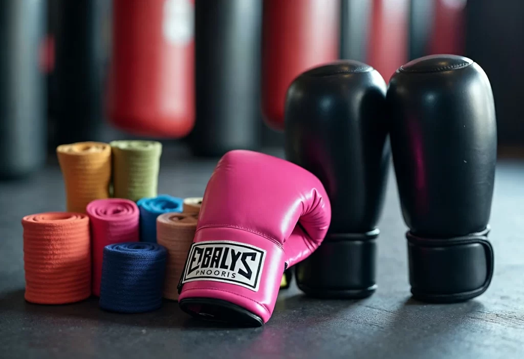 Pink boxing gloves and traditional gloves displayed on a black background, showcasing Muay Thai training equipment.