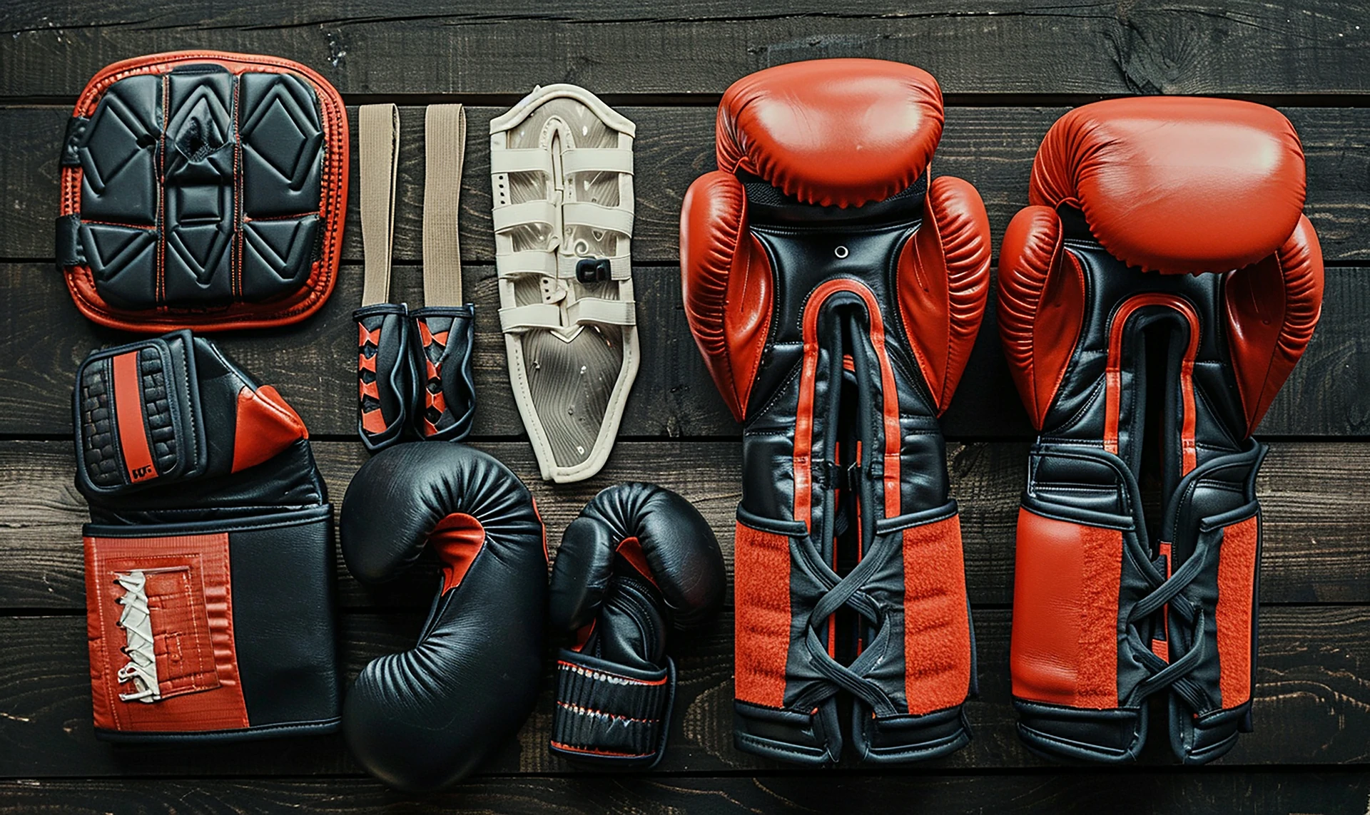 A collection of boxing gloves and training equipment arranged on a wooden surface, showcasing various colors and styles.