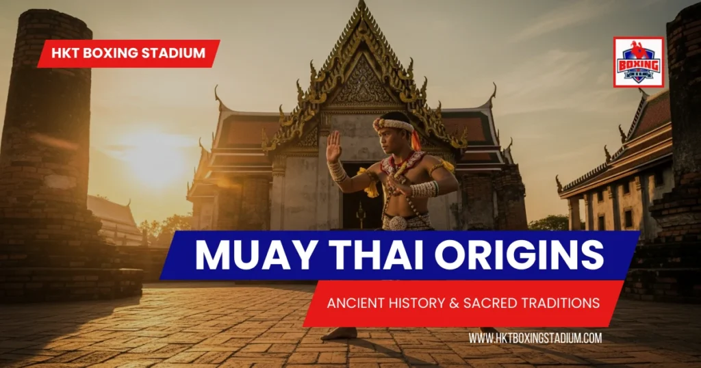 Ancient Muay Thai warrior in traditional ceremonial pose at Thai temple