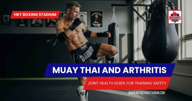 Mature athlete practicing Muay Thai safely with proper protective equipment