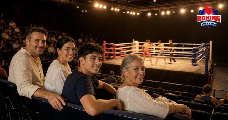 A group of visitors seated together for a Muay Thai night at Bangla Boxing Stadium in Patong