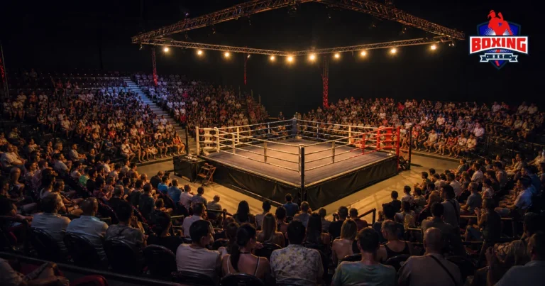 A busy crowd filling the seats at Bangla Boxing Stadium in Patong, Phuket