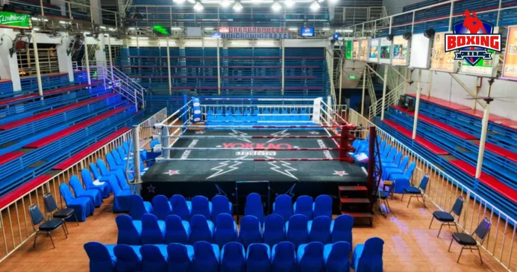 Seating around the ring at Bangla Boxing Stadium before the crowd arrives