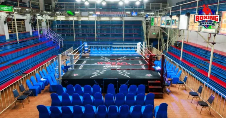 Seating around the ring at Bangla Boxing Stadium before the crowd arrives