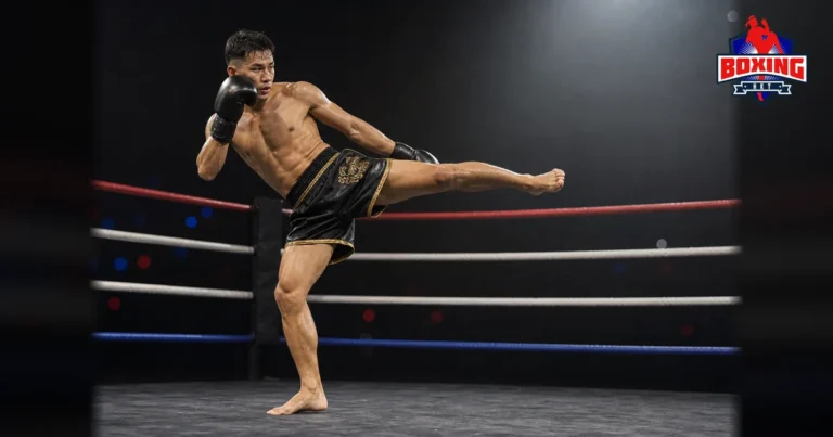 Male Muay Thai fighter throwing a mid-level roundhouse kick with both feet visible