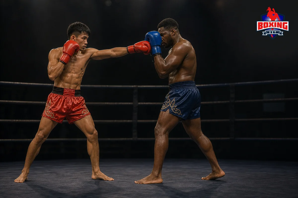Two visibly distinct Muay Thai fighters as a straight jab meets a high guard