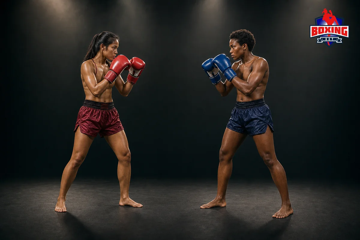 Two visibly distinct Muay Thai fighters holding high guards at safe range