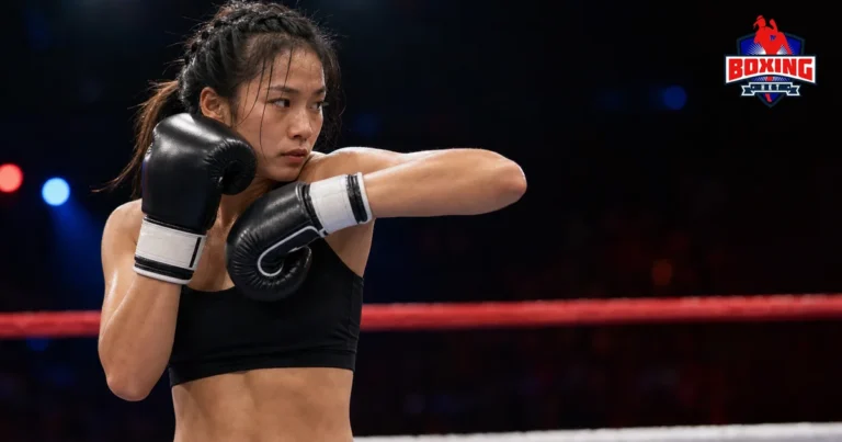 Female Muay Thai fighter performing a compact horizontal elbow strike