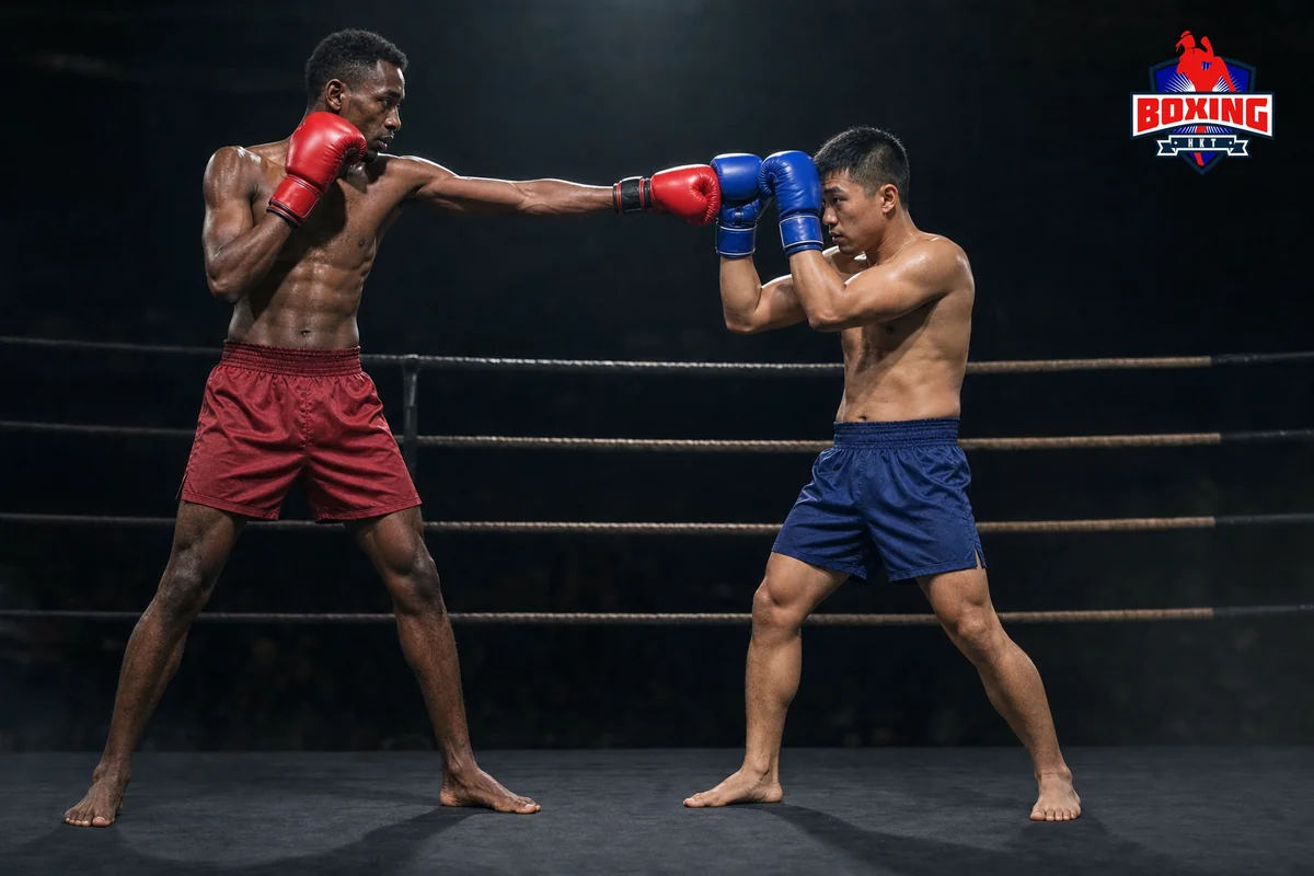 Two visibly distinct Muay Thai fighters as a straight jab meets a high guard