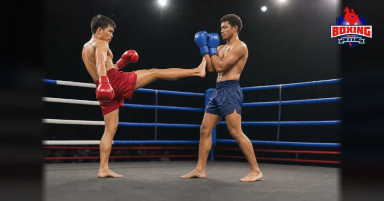 Two distinct male Muay Thai fighters as a teep meets a closed forearm guard