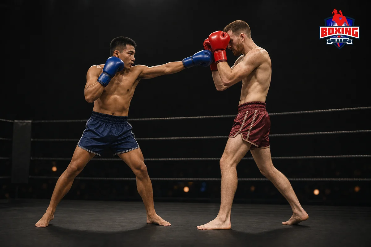 Two visibly distinct Muay Thai fighters as a straight jab meets a high guard