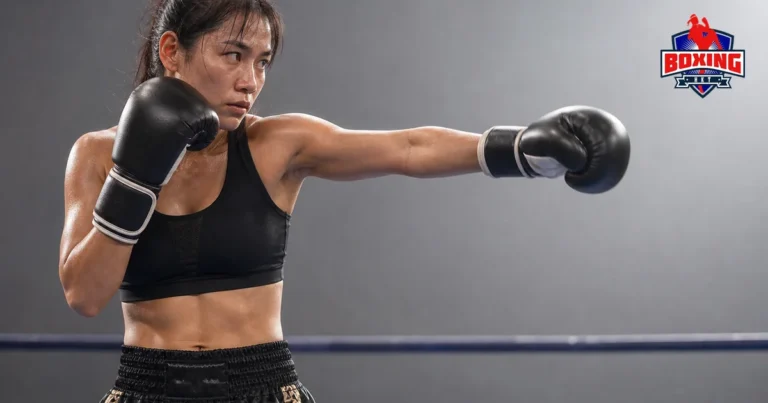 Female Muay Thai fighter extending a lead jab with her rear glove guarding her cheek