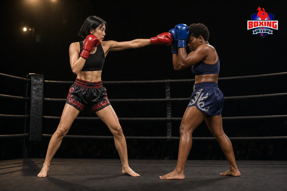 Two visibly distinct Muay Thai fighters as a straight cross meets a high guard