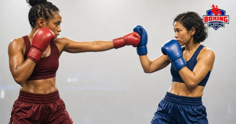 Two distinct female Muay Thai fighters as a lead jab is redirected by a glove parry