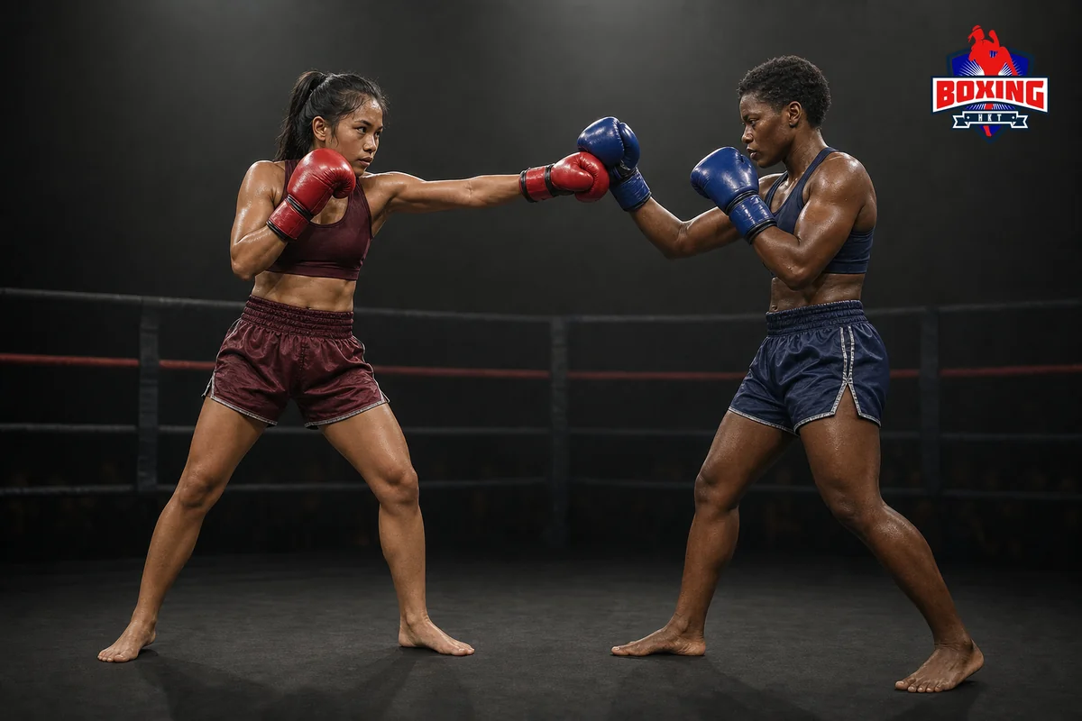 Two visibly distinct Muay Thai fighters as a straight jab meets an outward parry