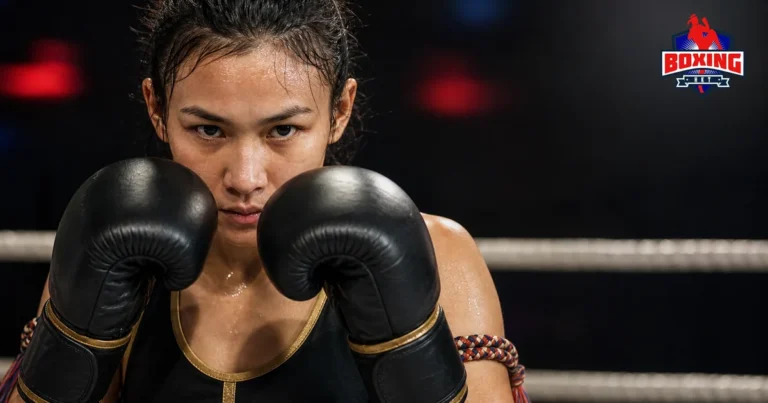 Female Muay Thai fighter focusing between two raised gloves before a strike