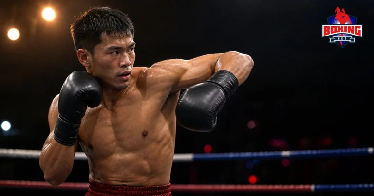 Male Muay Thai fighter rotating through a compact left hook with both gloves visible