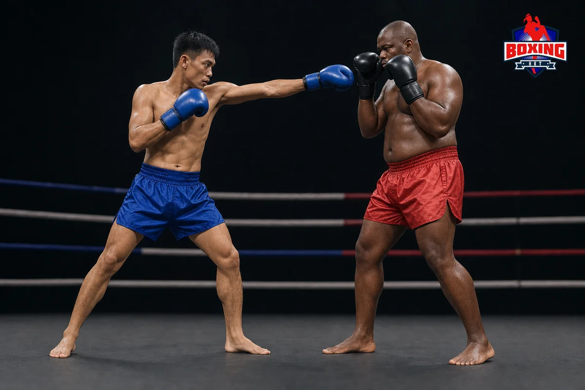 Two visibly distinct Muay Thai fighters as a straight jab meets a high guard