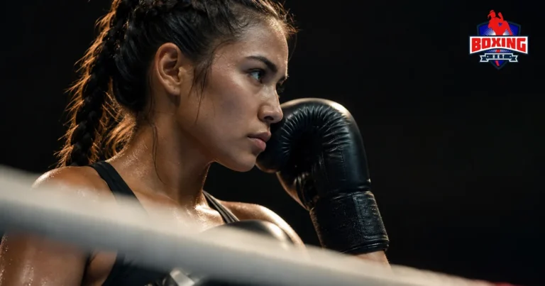Female Muay Thai fighter in side profile focusing past a blurred ring rope