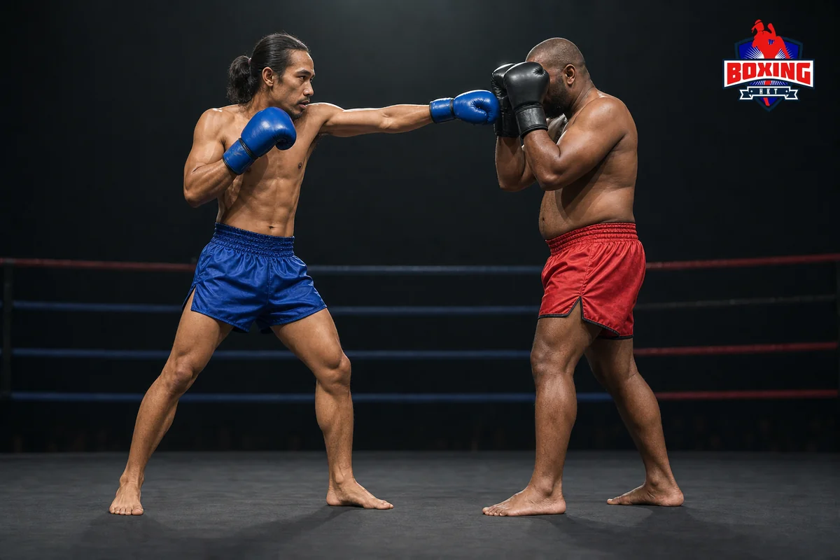 Two visibly distinct Muay Thai fighters as a straight cross meets a closed high guard