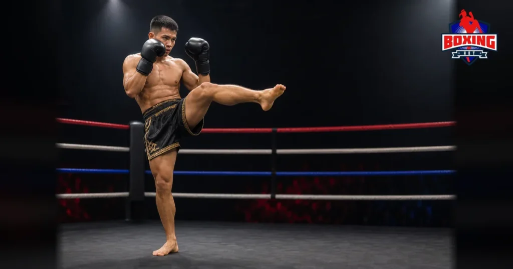 Male Muay Thai fighter extending a controlled teep with both bare feet visible