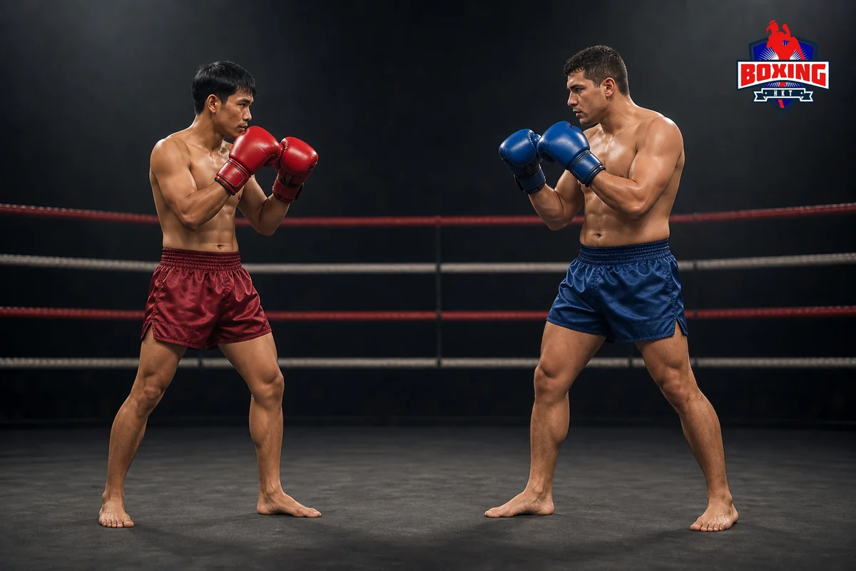 Two visibly distinct Muay Thai fighters holding high guards at safe range