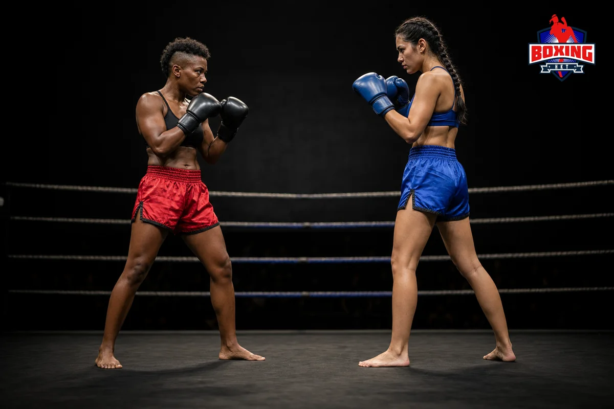 Two visibly distinct Muay Thai fighters facing each other in simple high guards