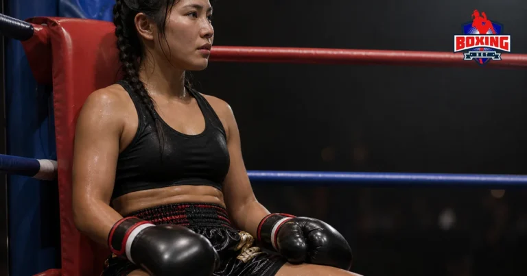 Female Muay Thai fighter seated calmly in a ring corner between rounds