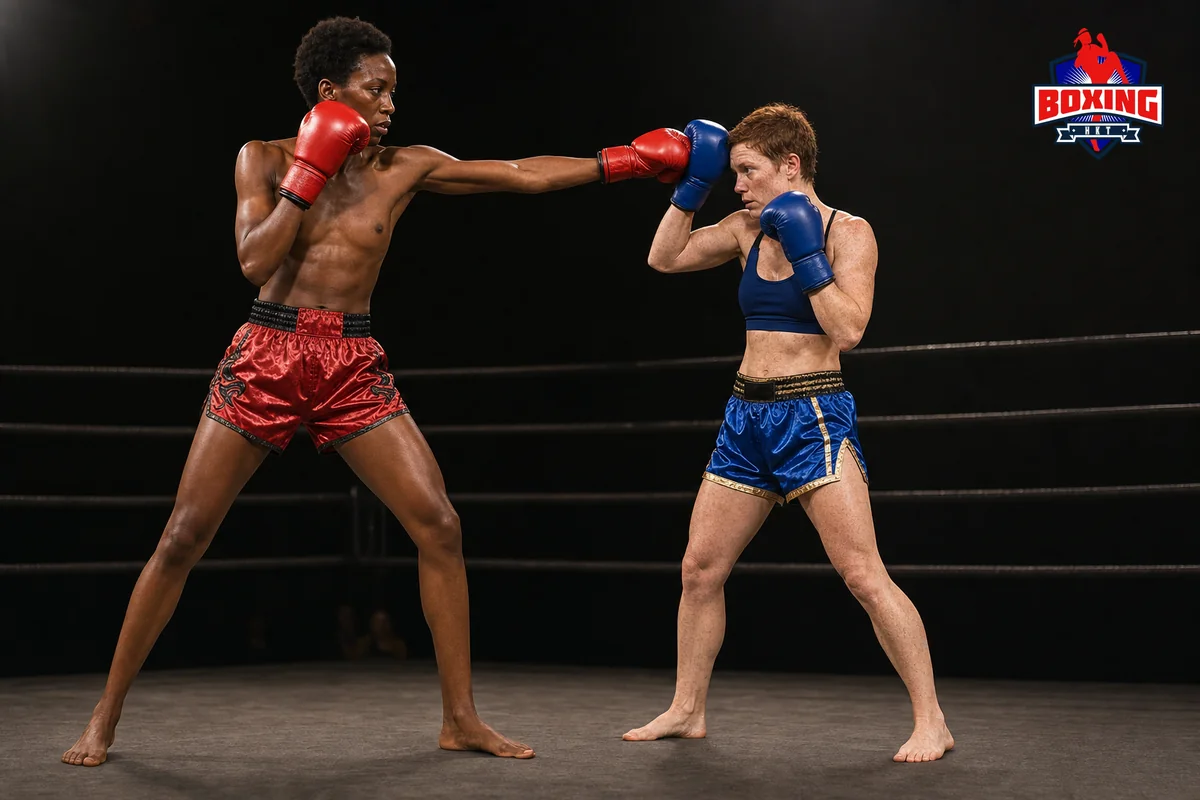Two visibly distinct Muay Thai fighters as a straight cross meets a high guard