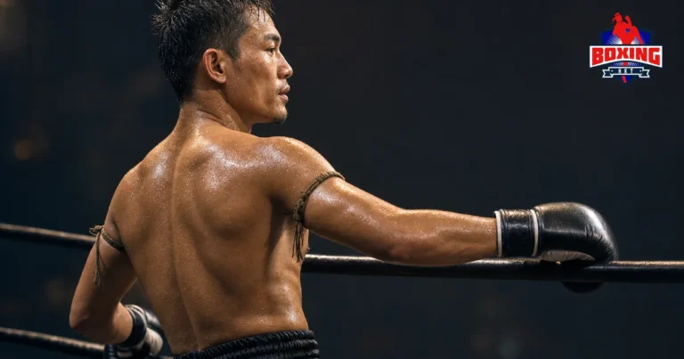 Male Muay Thai fighter recovering calmly against ring ropes after a bout