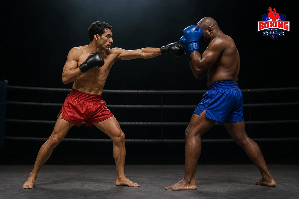 Two visibly distinct Muay Thai fighters as a straight cross meets a closed high guard