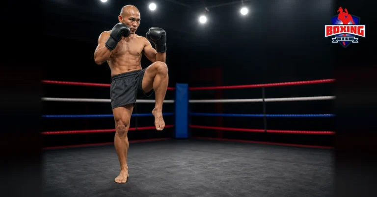 Male Muay Thai fighter balancing on one leg in a defensive shin check