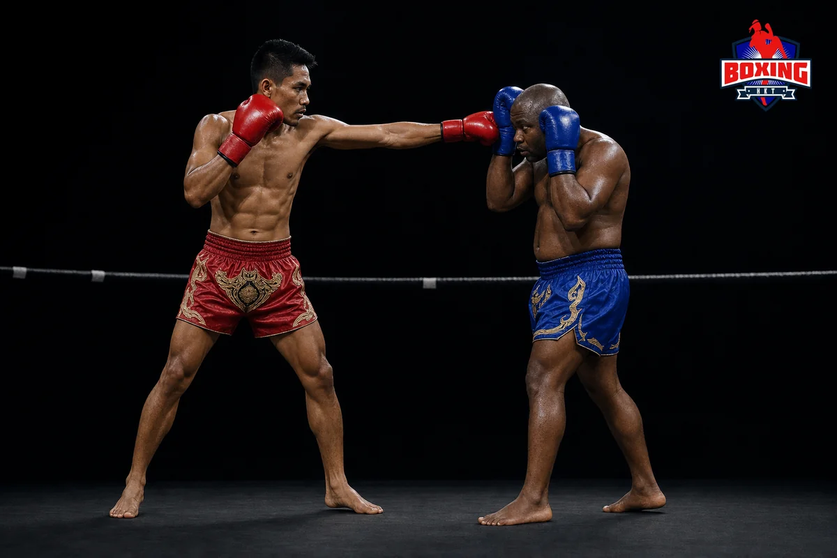 Two visibly distinct Muay Thai fighters as a straight jab meets a high guard