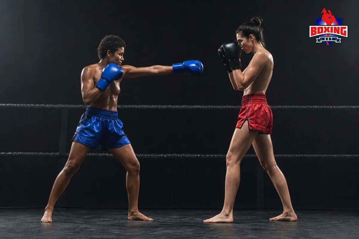 Two visibly distinct Muay Thai fighters as a straight jab meets a high guard near a softly blurred rope