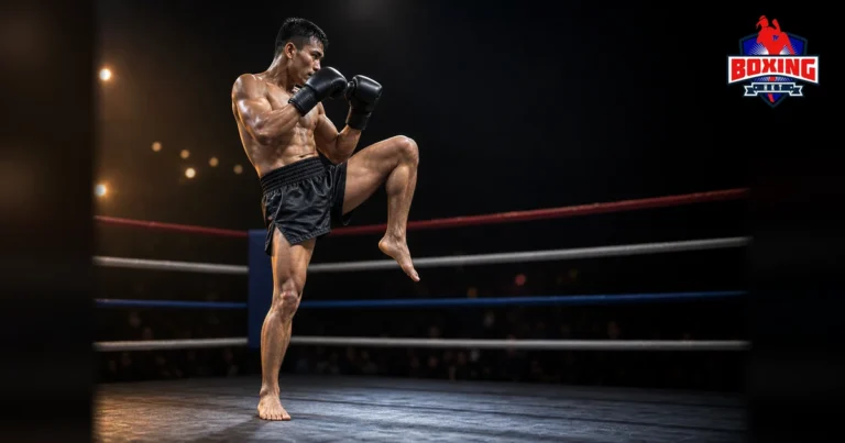 Male Muay Thai fighter driving a straight knee with his supporting foot visible