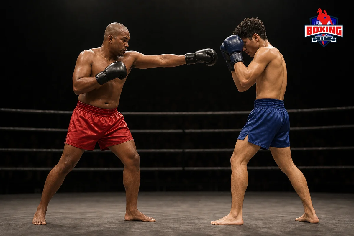 Two visibly distinct Muay Thai fighters as a straight jab meets a high guard
