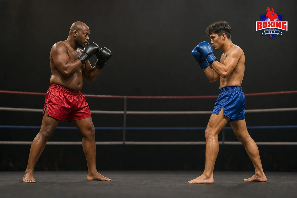 Two visibly distinct Muay Thai fighters facing each other in simple high guards