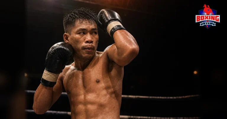 Male Muay Thai fighter raising a compact elbow with the opposite glove guarding his jaw