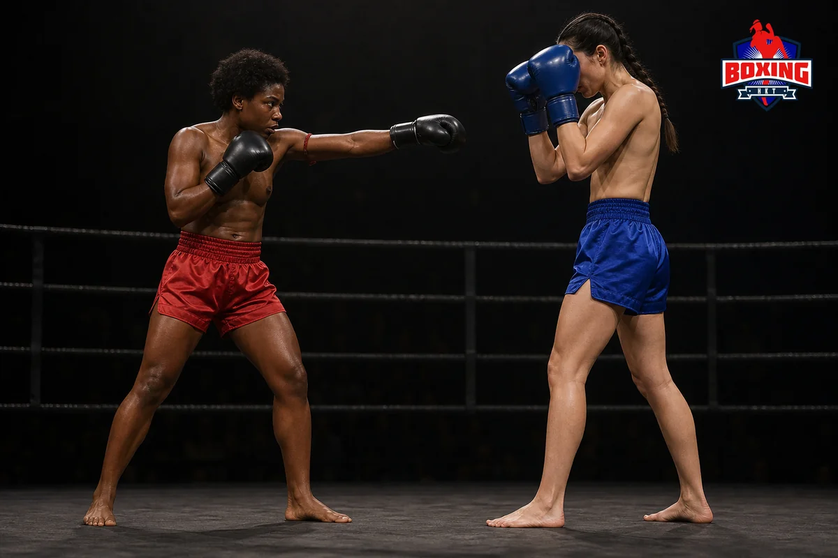 Two visibly distinct Muay Thai fighters as a straight jab meets a high guard