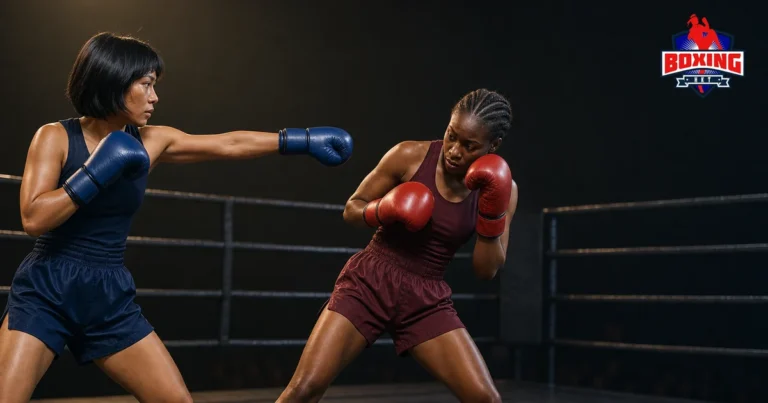 Two distinct female Muay Thai fighters as one jabs and the other slips outside