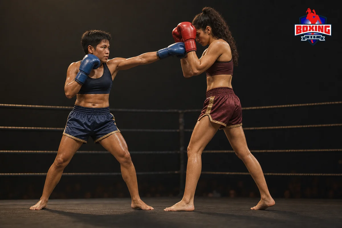 Two visibly distinct Muay Thai fighters as a straight jab meets a high guard
