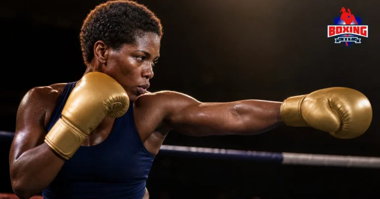 Female Muay Thai fighter throwing a straight cross with her other glove at her cheek