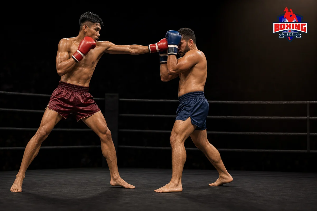 Two visibly distinct Muay Thai fighters as a straight cross meets a closed high guard