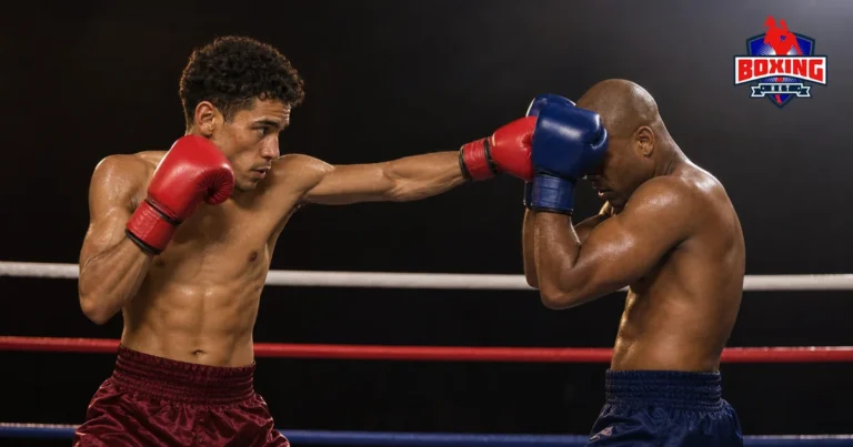 Two distinct male Muay Thai fighters as a straight cross meets a closed high guard