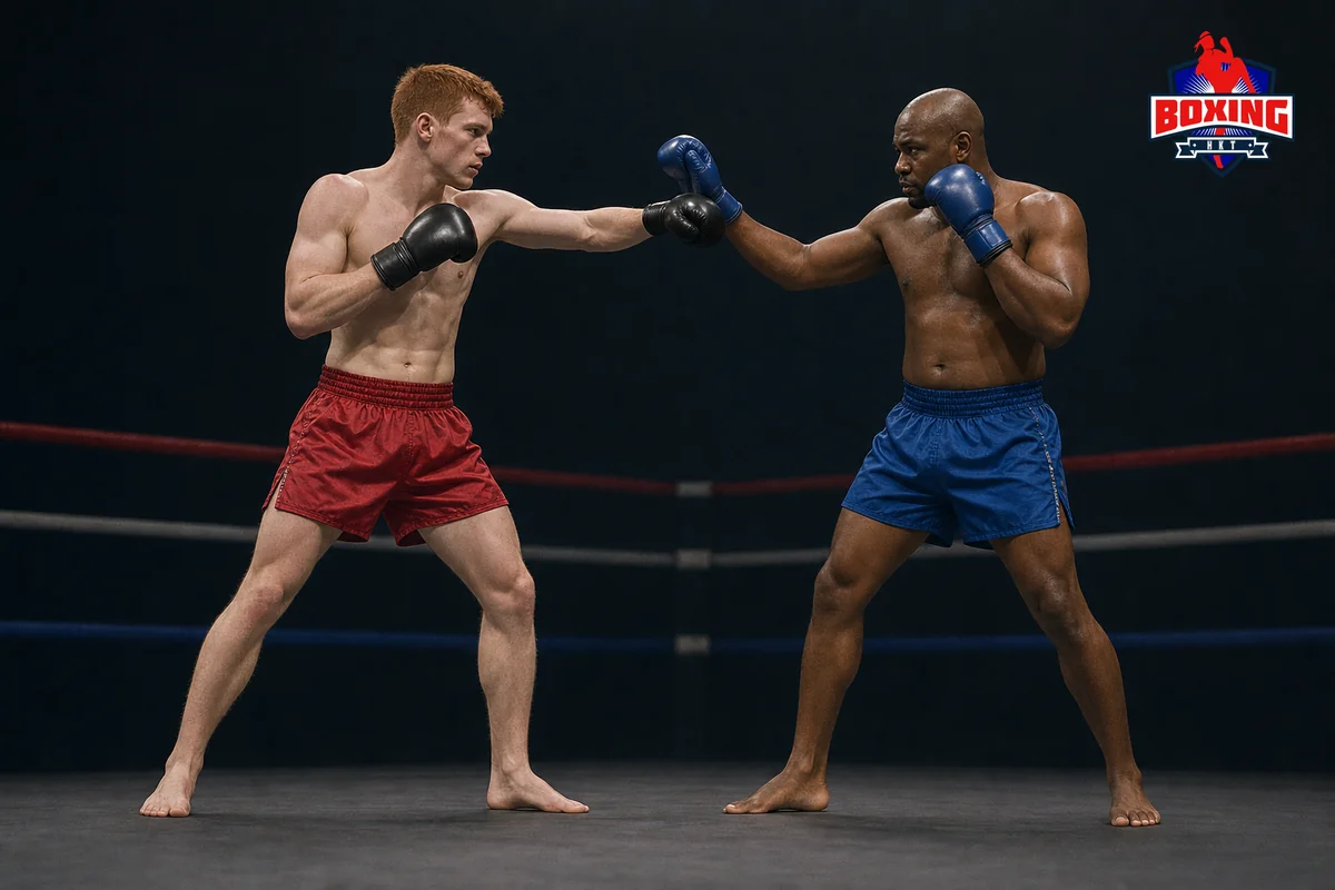 Two visibly distinct Muay Thai fighters as a straight jab meets an outward parry